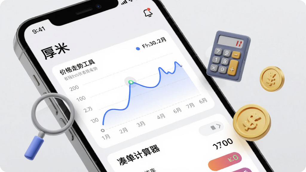 ����չʾһ���ֻ���Ļ��д����Ļ���ǡ����ס�App��ʡǮ����ҳ�棬������ʾ�۸���������ͼ�ʹյ����������棬�Ա�Ư���ŷŴ󾵡�����������ҵ�����Сͼ�꣬����Ϊ�ɾ���ǳ��ɫ���������Լ�Ƽ��У����������޶���Ԫ��