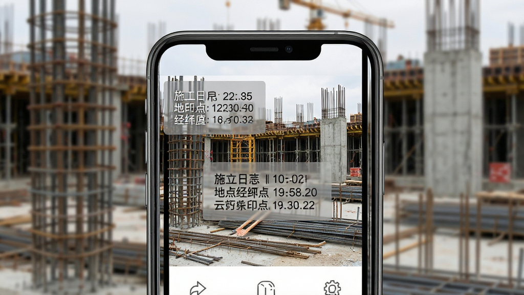 ʩ����־App����ˮӡ����չʾ���ֻ���Ļ��ʾһ�Ź����ֳ���Ƭ����Ƭ�����а�͸��ˮӡ������д������ʱ��ص㾭γ�ȣ������Ǹֽ�ˮ��ʩ���ֳ����������ֻ���ˮӡϸ�ڣ��Ű���У����дʵ����ϸ�������ɼ�ˮӡ���֣����ʸɾ�������Ԫ��