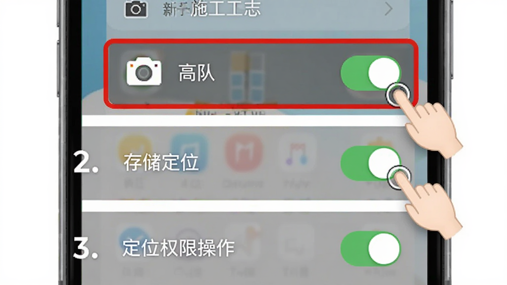 ʩ����־App��������Ȩ�޲���ʾ��ͼ���ֻ���Ļ��ʾ���ò˵����棬������ע������洢����λ����Ȩ�޿��أ�������ǳɫ�ֻ����棬����ͻ��Ȩ�����ò��裬�Ű���ϵ��·������������̷̳磬ϸ������ָ���ͼ�꣬���ʸɾ������޶���Ԫ��