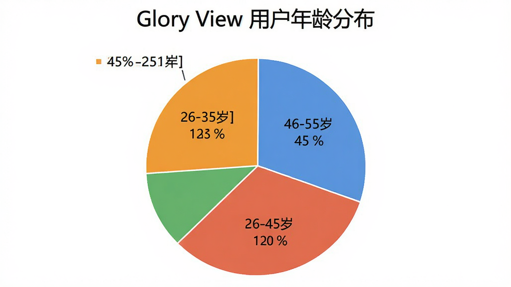 һ��չʾ Glory View �û�����ֲ��ı�״ͼ�������Ǳ�ͼ��Ϊ����������򣬷ֱ��ע18-25�ꡢ26-35�ꡢ36-45�ꡢ46-55�ꡢ56����������Σ�ÿ�������ж�Ӧ�ٷֱȣ�������ɫ����������ݿ��ӻ���������ʾ��Glory View �û�����ֲ����������������޶���Ԫ��