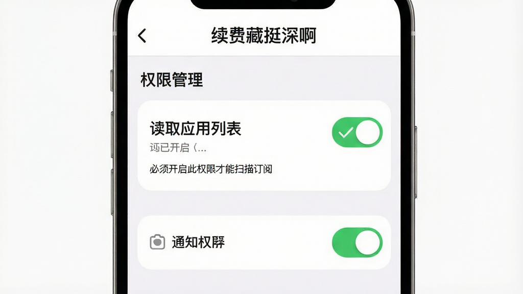 һ���ֻ�����ʾ��ͼ�������С����Ѳ�ͦ���App�����ý��棬��ʾȨ�޹���ѡ����С���ȡӦ���б���Ȩ�ޱ���ɫ��ѡ���Ϊ�ѿ������Ա�������˵�������뿪����Ȩ�޲���ɨ�趩�ġ����·���֪ͨȨ�޿���Ҳ���ڿ���״̬���������࣬�׵׺��֣���ťԲ�󣬻��ʸɾ����޶���Ԫ�أ������С����Ѳ�ͦ�������