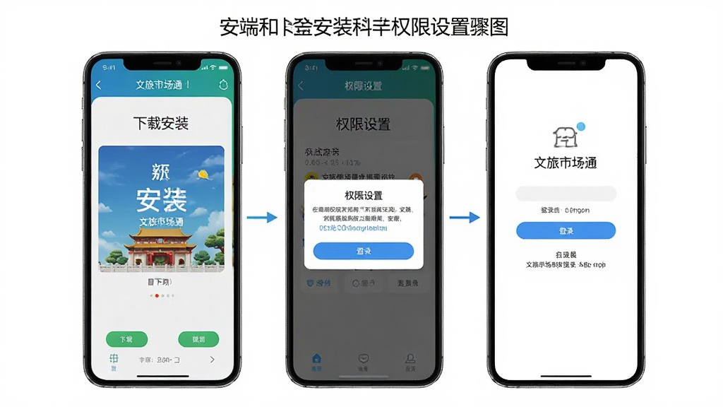 һ��չʾ�������г�ͨ��App���ֻ��˰�װ��Ȩ�����ò����ʾ��ͼ����������ʾ�ֻ���Ļ���γ������ذ�װ���桢Ȩ�����õ����͵�¼ҳ�棬�������࣬����ָ�����������ʸɾ��޶���Ԫ��