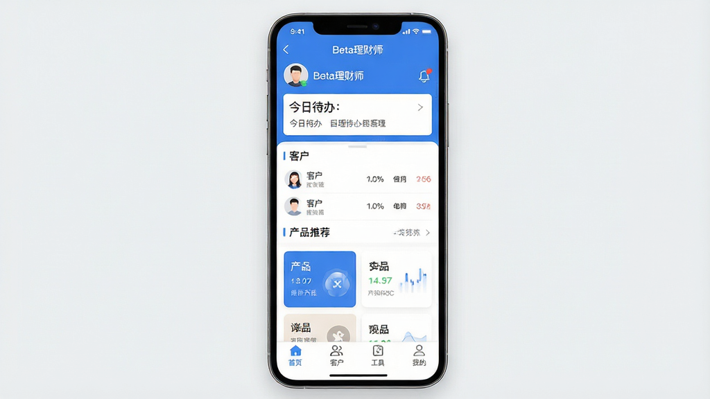 һ���ֻ�Ӧ�ý���չʾͼ�����������ǡ�Beta����ʦ��App�������棬�������������ɫ��������ʾ�û�ͷ��ͽ��մ�������в��ǿͻ��б��Ͳ�Ʒ�Ƽ���Ƭ���ײ�Ϊ������������ҳ���ͻ������ߡ��ҵ��ĸ�ͼ�꣬���岼������������ִ���࣬���ʸɾ����޶���Ԫ�أ���������Ϊ���ģ�����������װ��
