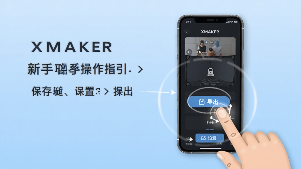 XMAKER���ֲ���ָ��ʾ��ͼ��������һ���ֻ���ʾ��XMAKER�������棬��Ļ�Ա�����ָ����Ķ����켣����ע�ű��桢���������õȹؼ���ťλ�ã�������ǳ��ɫ���䣬��������죬ϸ�����������ʸɾ����޶���Ԫ��