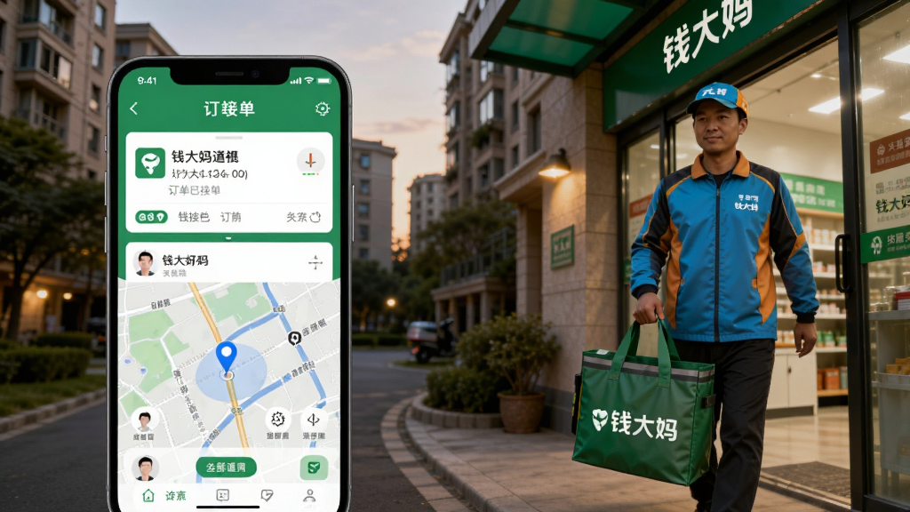 一张展示钱大妈App配送场景的图片,画面左侧是手机屏幕显示订单已接单和骑手位置地图,右侧是穿着钱大妈工服的配送员提着印有“钱大妈”字样的绿色购物袋走出社区门店,背景是傍晚的居民楼,风格写实温暖,画质清晰干净