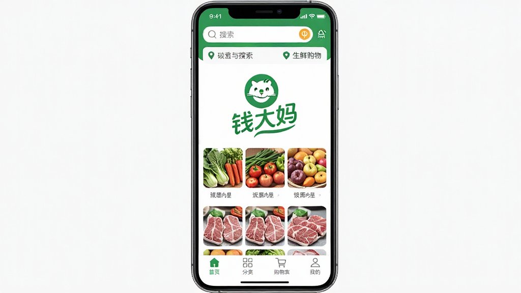 一张手机屏幕展示生鲜购物App首页的图片,画面中央是绿色的钱大妈品牌Logo和文字“钱大妈”,下方是新鲜蔬菜水果和肉类的商品网格,顶部有搜索框和定位地址,底部是首页、分类、购物车、我的四个导航图标,整体风格清新明亮,画质干净无多余元素