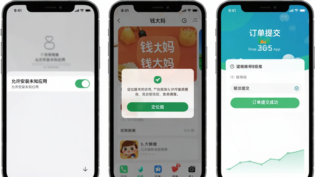 一张展示手机操作步骤的图片,画面分为三个并列的手机屏幕,左图显示“允许安装未知应用”的权限开关界面,中图显示钱大妈App的定位授权弹窗,右图显示订单提交成功页面,整体风格简洁教学向,画质清晰干净无多余元素