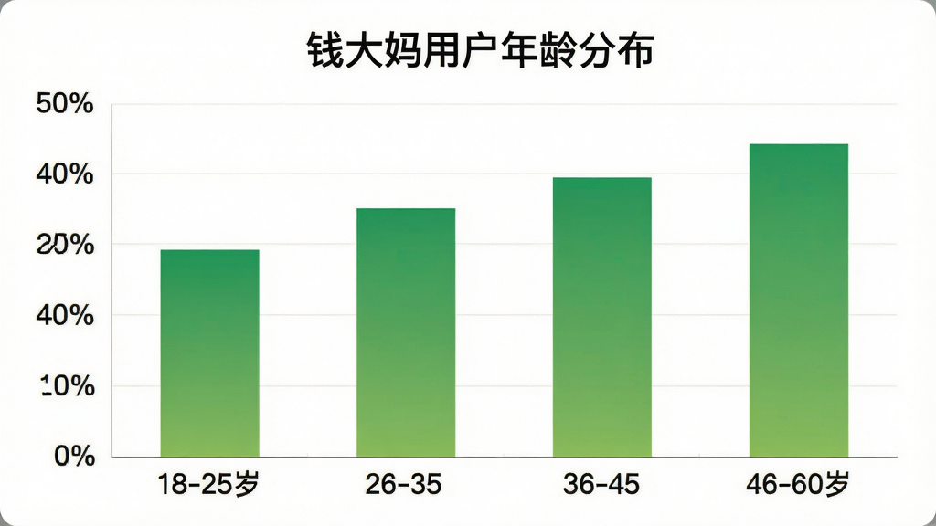 一张柱状图展示钱大妈App用户年龄分布的图片,横轴标注18-25岁、26-35岁、36-45岁、46-60岁四个年龄段,纵轴标注百分比,柱状颜色为绿色渐变,图表标题为“钱大妈用户年龄分布”,背景干净,风格商务简洁,画质清晰