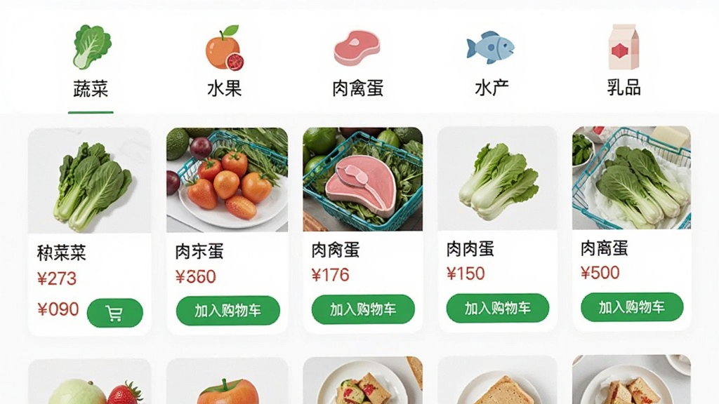 一张钱大妈App商品分类页面的截图风格图片,画面展示手机屏幕上的分类标签栏,包含“蔬菜”“水果”“肉禽蛋”“水产”“乳品”等图标,下方是整齐排列的商品卡片,每张卡片上有商品图片、名称、价格和“加入购物车”按钮,整体排版整洁,风格现代扁平,画质干净