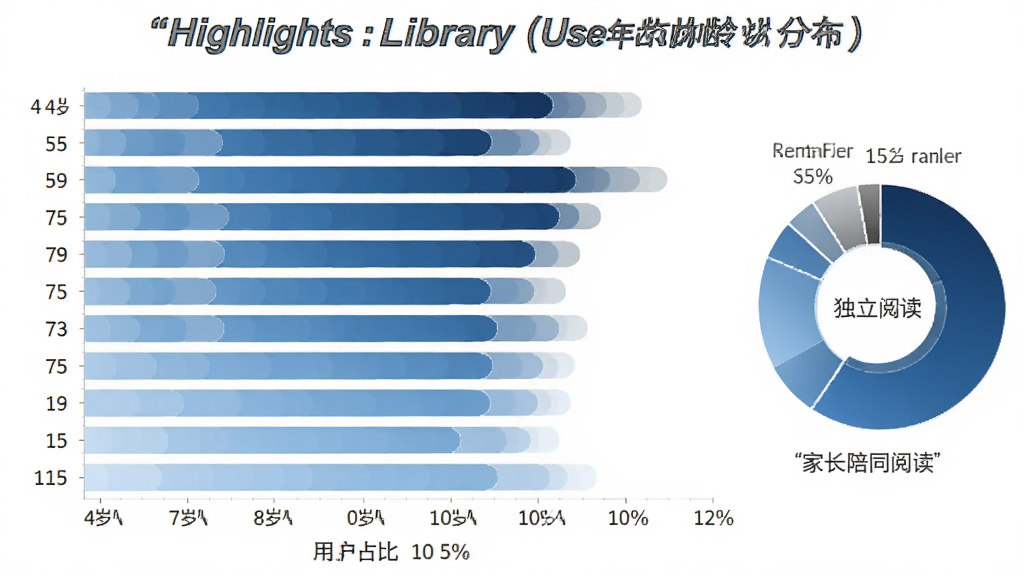 一张展示 Highlights Library 用户年龄分布的数据图表,画面主体是一个横向柱状图,纵轴标注年龄段从4岁到12岁,横轴标注用户占比百分比,柱子颜色从浅蓝到深蓝渐变,图表右侧有一个圆形饼图展示家长陪同阅读和独立阅读的比例,整体风格简洁专业,文字清晰,画质干净无多余元素