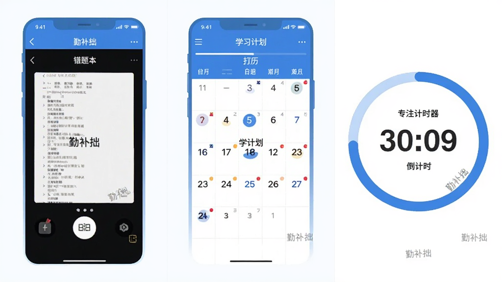 勤补拙 功能展示图,画面分为三个区域,左侧是错题本拍照录入界面,中间是学习计划打卡日历,右侧是专注计时器倒计时圆环,每个区域都有“勤补拙”小字水印,整体风格统一为蓝白扁平化,画质干净整洁