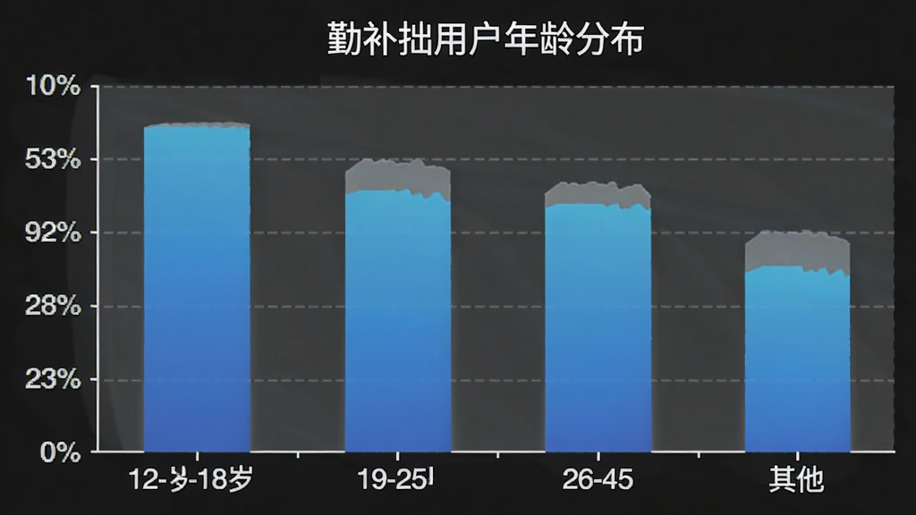 勤补拙 用户年龄分布柱状图,横轴为年龄段12-18岁、19-25岁、26-45岁、其他,纵轴为占比百分比,柱状图颜色为蓝色渐变,图表上方有“勤补拙用户年龄分布”标题,风格简洁数据可视化,画质清晰无杂乱