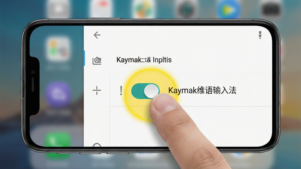 һ��չʾKaymakά�����뷨��װ���ò����ͼƬ��������һ���ֻ���Ļ����Ļ����ʾ�Ű�׿ϵͳ�����Ժ����뷨���ý��棬��������һ�����ذ�ť����ָ����򿪣��Ա���ʾ�š�Kaymakά�����뷨����ѡ��������ֻ������ģ���黯���Ű����ֻ����У���ָ�����λ���û�ɫ��Ȧ�����������дʵUI���ϸ���Ͽ����а�ѹ������У����������ɱ档���ʸ��壬�ɾ����޶���Ԫ�ء�