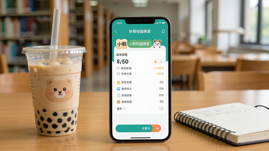 һ��չʾС��У԰�̼�App���ֻ������еĻ��棬�����������ֻ���Ļ��ʾApp���˵��������棬�Ա߷���һ���̲��һ���ʼǱ���������У԰ͼ��ݵ����ӣ�����Լ���£�ϸ�����������ʸɾ���ͻ����С��У԰�̼ҡ��Ľ���Ԫ�ء�