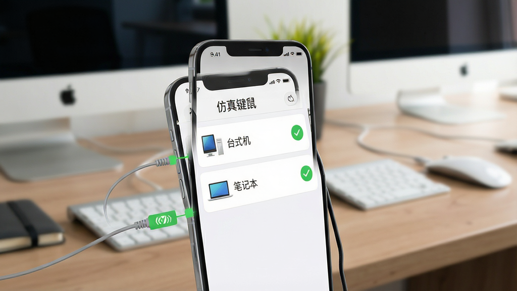 一张展示手机与多台电脑设备连接的详细图片,画面主体是一部智能手机,屏幕显示“仿真键鼠”的设备列表界面,列表中有“台式机”和“笔记本”两个选项,布局是手机屏幕特写,背景是办公室桌面环境,风格是简约商务风,细节上连接状态图标显示为绿色已连接,画质高清干净无多余元素