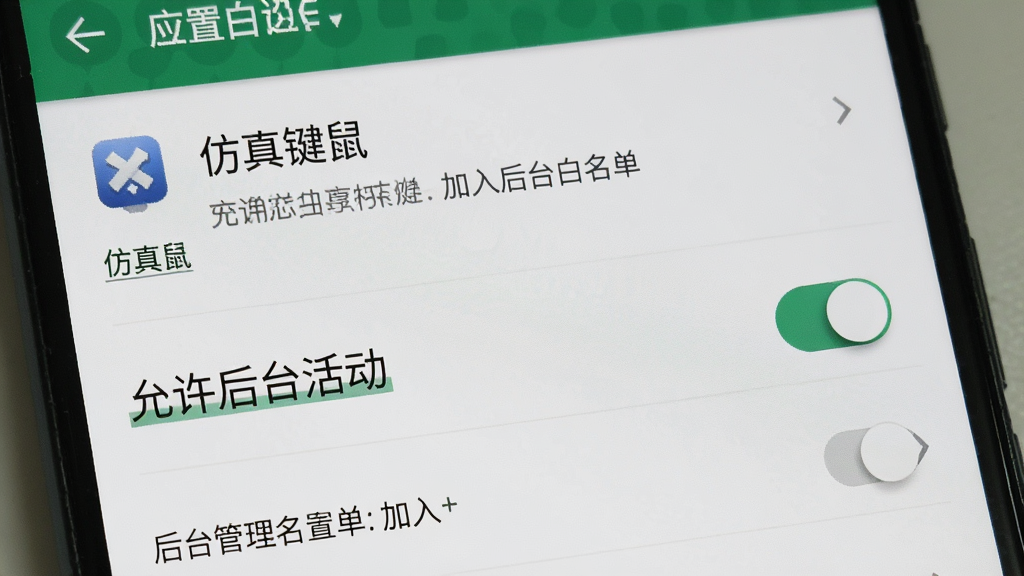 一张展示手机后台设置白名单的详细图片,画面主体是一部安卓手机显示应用管理界面,正在把“仿真键鼠”加入后台白名单,布局是手机屏幕特写,风格是系统设置界面截图风格,细节上高亮显示“允许后台活动”开关,画质清晰干净无多余元素
