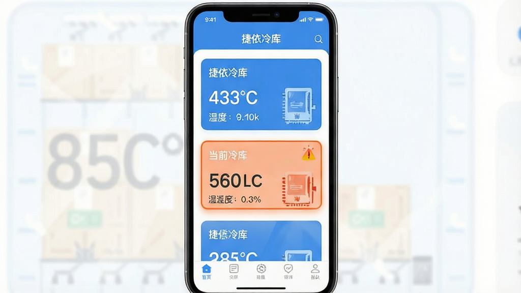 一张捷依冷库App实时温度监控界面的特写图,手机屏幕竖向展示,顶部标题栏写着“捷依冷库”,下方排列着三张冷库温度卡片,分别显示不同库房的当前温度和湿度数值,其中一张卡片边缘呈橙色高亮表示预警状态,界面底部有导航栏,整体布局清晰,蓝白配色,风格现代扁平,画质干净无多余元素