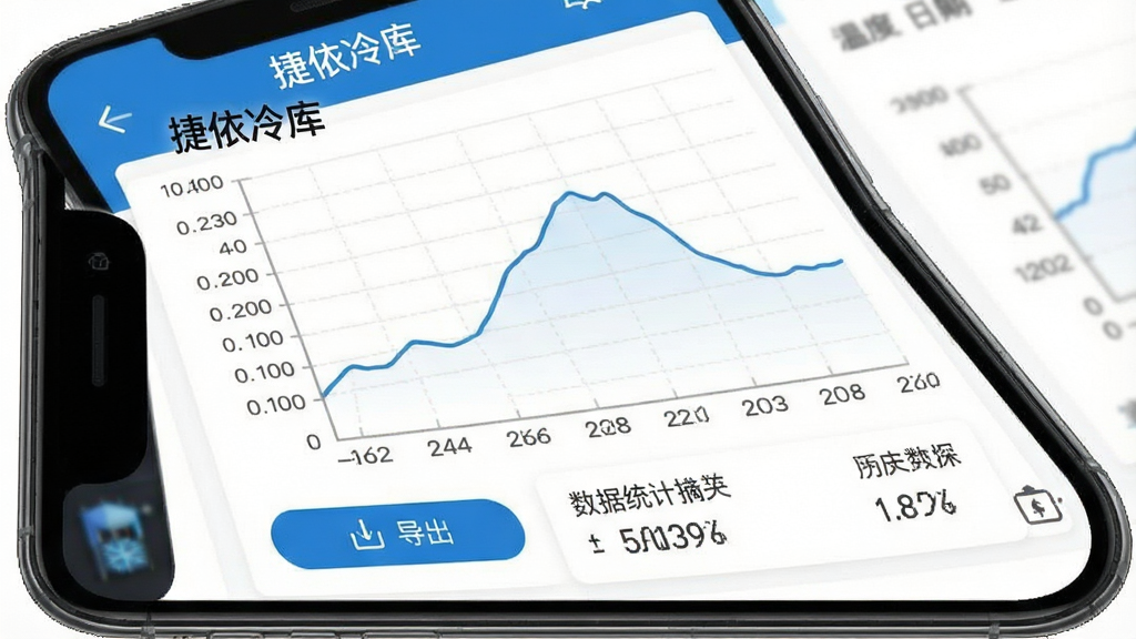 一张捷依冷库App历史数据查询界面的示意图,手机屏幕上显示一条温度变化曲线图,横轴为日期纵轴为温度值,曲线下方有导出按钮和数据统计摘要,界面配色以蓝色和白色为主,图表线条清晰,整体风格专业简洁,画质干净无多余元素,图片中文字包含“捷依冷库”