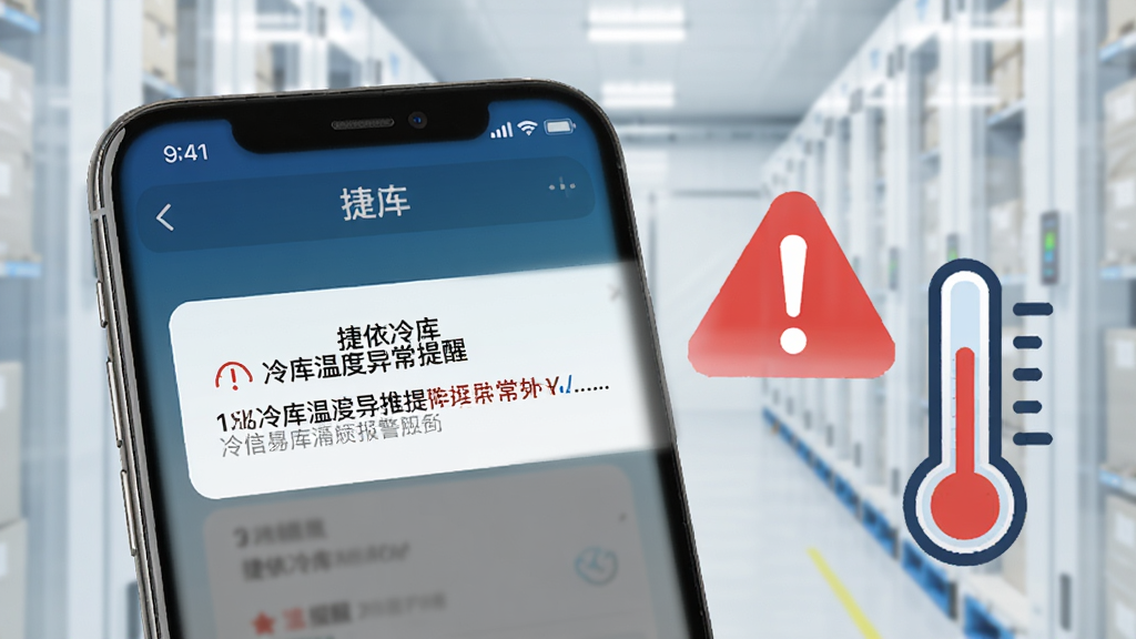 一张展示捷依冷库App超温报警推送功能的场景图,画面中一部手机屏幕亮起显示推送通知,通知内容为冷库温度异常提醒,手机旁边有一个红色感叹号图标和一个温度计图标,背景是简洁的冷库环境虚化图,整体风格干净明亮,画质清晰无多余元素,图片中文字包含“捷依冷库”