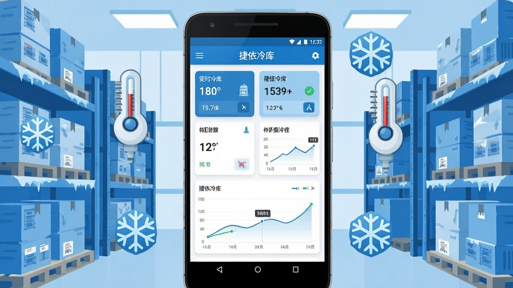 一张展示捷依冷库软件核心功能的合成场景图,画面中央是一部安卓手机,手机屏幕上显示捷依冷库App的实时监控仪表盘,包含多个冷库温度卡片和曲线图,手机周围环绕着冷库货架、温度传感器和雪花图标,整体以科技蓝和冷白色为主色调,风格简洁现代扁平化,细节清晰,画质干净无多余元素,图片中文字包含“捷依冷库”