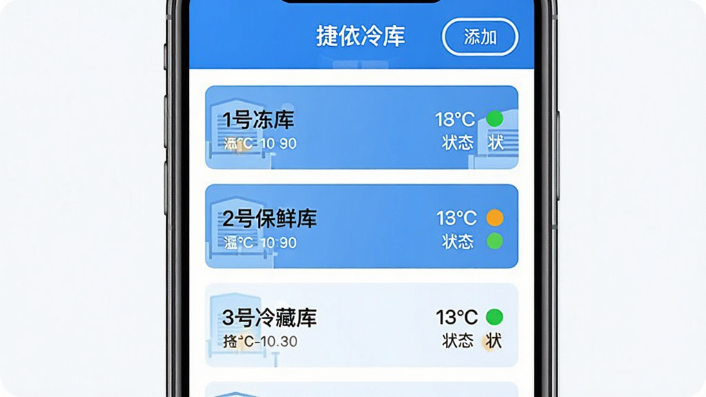 一张捷依冷库App多库房管理界面的展示图,手机屏幕显示库房列表页面,列表中有“1号冻库”“2号保鲜库”“3号冷藏库”等多个条目,每个条目右侧显示当前温度和状态指示灯,界面顶部有添加库房按钮,整体布局整齐,蓝白配色,风格现代扁平,画质干净无多余元素,图片中文字包含“捷依冷库”