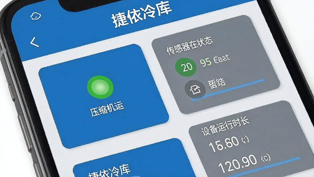 一张捷依冷库App设备状态查看界面的细节图,手机屏幕上显示一台冷库设备的运行状态面板,包含压缩机运行指示灯、传感器在线状态、设备运行时长等信息,界面以卡片形式排列,配色为蓝色和灰色,风格简洁专业,画质干净无多余元素,图片中文字包含“捷依冷库”