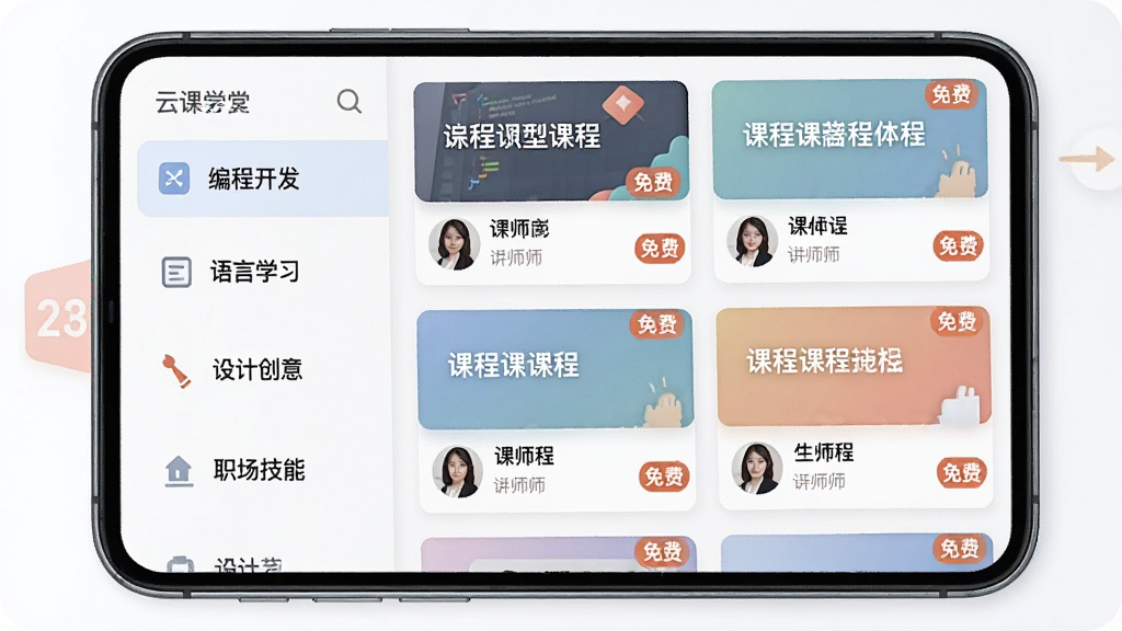 һ��չʾ�ƿ�ѧ��APP�ڲ��γ̷���ҳ���ͼƬ���������ֻ���Ļ��ʾ�ſγ̷����б�������Ǵ�ֱ��������������̿���������ѧϰ����ƴ��⡢ְ�����ܵ�ѡ��Ҳ��Ǻ���Ŀγ̿�Ƭ����ÿ�ſ�Ƭ���пγ����ơ���ʦͷ�����ѱ�ǩ�����岼������������Լ�ִ���ɫ����ͣ����ʸɾ����޶���Ԫ�ء�