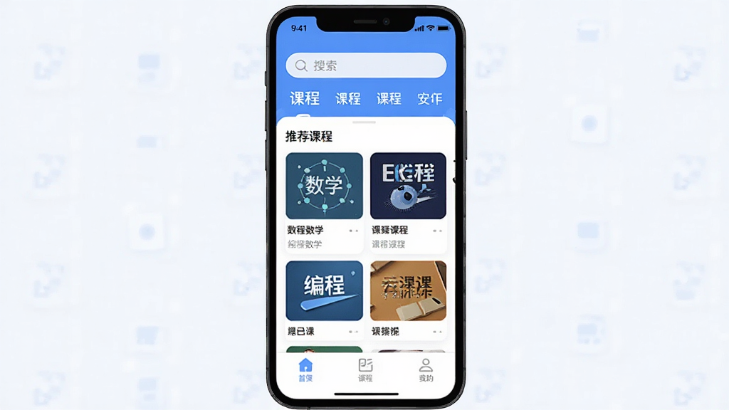 һ��չʾ�ƿ�ѧ���ֻ�Ӧ���������ͼƬ�������������ֻ���Ļ����Ļ����ʾ�ƿ�ѧ��APP����ҳ���������������Ϳγ̷����ǩ���м����Ƽ��γ̿�Ƭ�б���������ѧ����̡�Ӣ��ȿγ̷��棬�ײ�����������ѡ������岼�ּ������������ִ���ƽ����ɫ��������Ϊ����ϸ��Բ�󣬻��ʸɾ��������޶���Ԫ�ء�