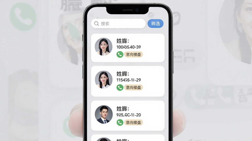 ���ƿͻ��������棬�ֻ���Ļ��ʾ�ͻ���Ϣ��Ƭ�б���ÿ�ſ�Ƭ�����ͻ�ͷ���������绰ͼ�ꡢ����¥�̱�ǩ���������������ɸѡ��ť������Ϊǳ��ɫ������Ϊ�����б��������ˬ����ϸ��ͼ��Բ�󣬻��ʸɾ��޶���Ԫ��