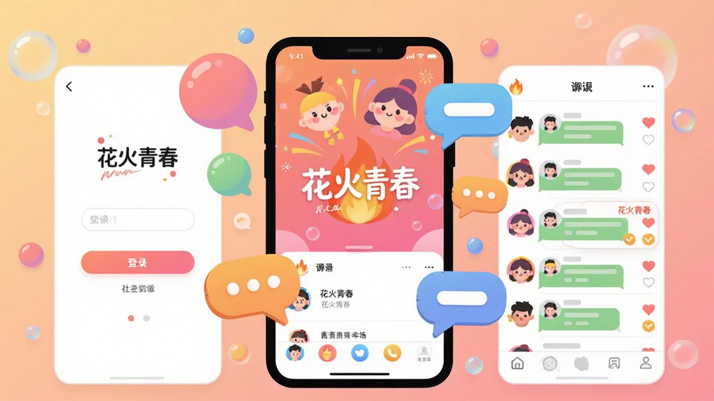 һ��չʾ�������ഺ��App����ȫò�Ĳ廭��������һ�������ֻ�����Ļ��ʾ�������ഺ�����罻���棬��Χ�����Ŵ����ഺ�����Ĳ�ɫ���ݺ���������ͼ�꣬����Ϊ�ֻ����У����չʾ���ĵ�¼ҳ�棬�Ҳ�չʾ���ֵ������б�����������͵Ľ���ůɫ�������Ϊ�ִ���ƽ�廭�磬ϸ��Բ��ɰ������ʸɾ��������޶���Ԫ��