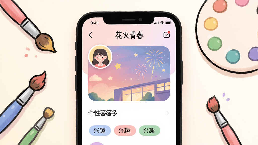 һ��չʾ�������ഺ��App������ҳװ�繦�ܵĽ���ͼ���������ֻ���Ļ��ʾһ�������ഺ��Ϣ�ĸ�����ҳ����ͷ�񡢱���ͼ������ǩ������Ȥ��ǩ������Ϊ�ֻ�����չʾ����Χ��׺�Ų�ɫ���ʺ͵�ɫ��Ԫ�أ����Ϊ�����ֻ�磬ϸ������͵Ľ����Բ����ƣ����ʸɾ��������޶���Ԫ��
