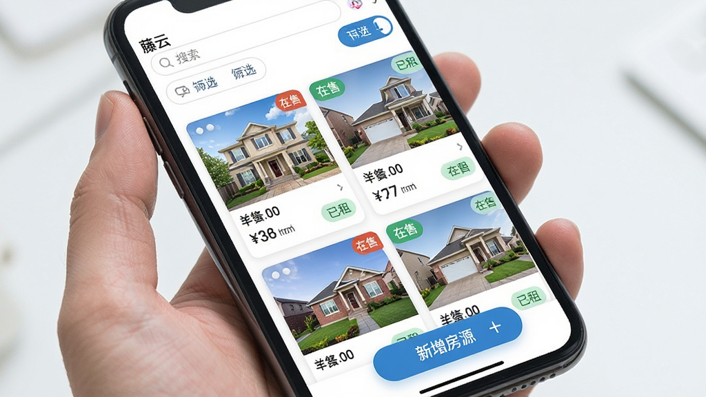 �ֻ���Ļ��ʾ�����ơ�App�ķ�Դ�������棬�������ж��ŷ�Դ��Ƭ�������У�ÿ�ſ�Ƭ����������Ƭ���۸��ǩ�͡����ۡ������⡱״̬�Ǳ꣬�������������ɸѡ��ť���ײ��С�������Դ��������ť�����岼��������������ִ������ʸɾ��޶���Ԫ��