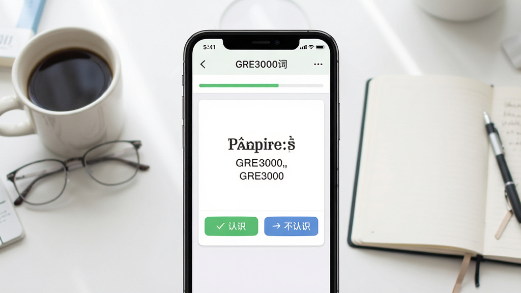 һ��չʾGRE3000��App���Ľ����ͼƬ�������������ֻ���Ļ����Ļ����ʾGRE3000��App�ĵ��ʿ�Ƭѧϰ���棬�����н��������м���Ӣ�ĵ��ʺ��������壬�ײ�����ʶ�Ͳ���ʶ��ť�������Ǽ��������������Ա߷��ſ��ȺͱʼǱ���������±�ƽ��ϸ�ڸɾ��������������޶���Ԫ��