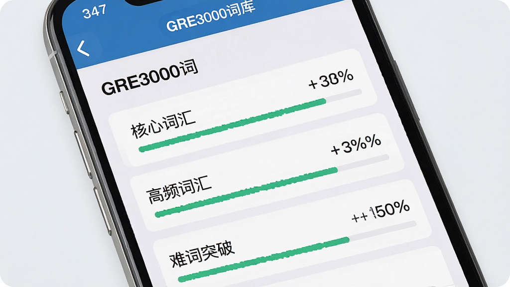 һ��չʾGRE3000��App�ʿ�ѡ������ͼƬ�������������ֻ���Ļ����Ļ����ʾGRE3000��App�Ĵʿ��б����������Ĵʻ㡢��Ƶ�ʻ㡢�Ѵ�ͻ�Ƶȷ����ǩ��ÿ�������Ա���ѧϰ���Ȱٷֱȣ������ǵ���ɫ����������죬ϸ�����������ʸɾ����޶���Ԫ��