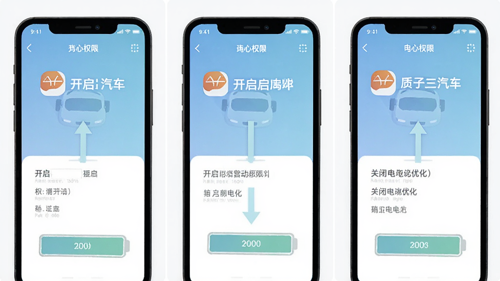 һ����������APP���ֻ��ϵ�����Ȩ�޲����ͼʾ��ͼ�������Ϊ���񣬷ֱ�չʾ������λȨ�ޡ�����������Ȩ�ޡ��رյ���Ż���ÿ������������ͼ��ͼ򵥵ļ�ͷָʾ�����Ϊ��ƽ���̳�ͼ��ɫ����ͣ����ʸɾ����޶���Ԫ�ء�