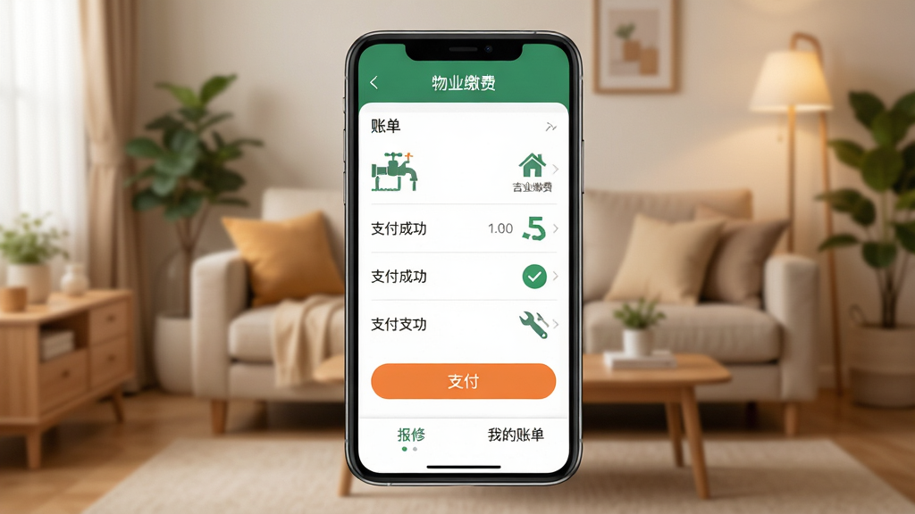 �ֻ���Ļչʾ���Ƽ�APP����ҵ�ɷ�ҳ�棬������ʾ����ҵ�ɷѡ����⣬�м����˵��б���֧����ť���ײ��С����ޡ��͡��ҵ��˵���ѡ�����������ܰ�ļ�ͥ�������������ֲ������½ṹ������Ǽ�Լ����磬ϸ�ڰ���ˮ��ͼ�ꡢ֧���ɹ��Թ���ά�޹���ͼ�꣬���ʸɾ����޶���Ԫ��