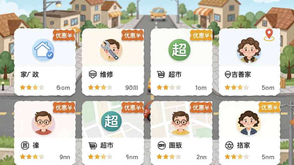 ���Ƽ�APP���������ҳ�棬��Ļ��ʾ�ܱ��̼��б�������������ά�ޡ����е�ͼ�꣬ÿ���̼ҿ�Ƭ�����ֺ;��룬������С���ֵܱ߽��Ĳ廭��񣬲��ֲ����������У�������������磬ϸ�ڰ����Ż�ȯ��ǩ����ͼ��λͼ�ꡢ�̼�ͷ�񣬻��ʸɾ����޶���Ԫ��