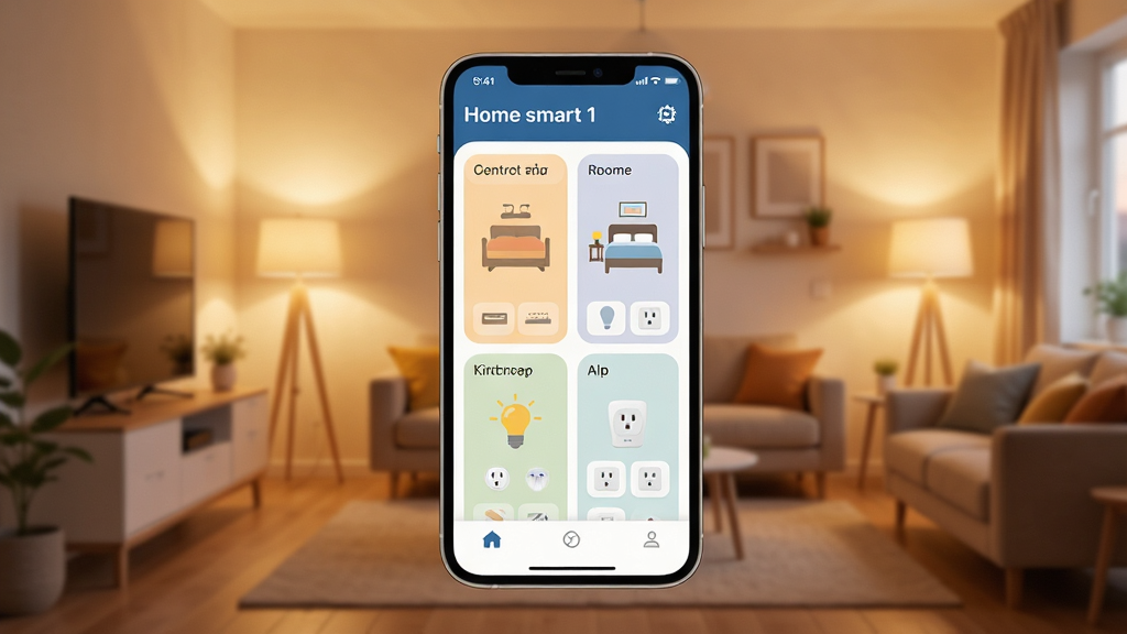 Home smart 1 �˼����ܼҾӿ���App�Ľ���ȫòչʾ������������һ�������ֻ�����Ļ��ʾApp�����棬���������������ſ��������ҡ������ȷ�����࣬ÿ�������·������ܵ��ݡ��������豸ͼ�꣬��������ܰ���ִ��Ҿӻ�����ůɫ���ƹ⣬���ּ�����ˣ�����ִ���ƽ��ϸ��Բ�󣬻��ʸɾ��޶���Ԫ�أ����������ɼ�