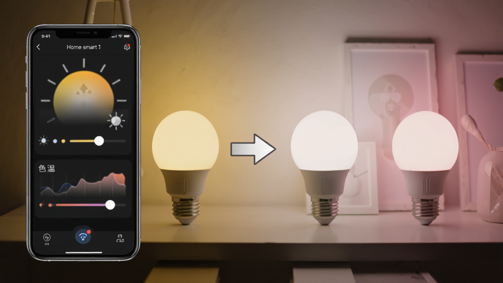 Home smart 1 ����չʾͼ������������ֻ���Ļ��ʾApp�ĵ�����棬�����Ⱥ�ɫ�»��飬�Ҳ���ʵ�ʼҾӳ��������ܵ��ݷ�����ͬ��ɫ�Ĺ⣬ů�ƹ⡢��׹⡢����ɫ�⽻֯�������м��м�ͷ�����ֻ�����ݣ����Ƽ�������ܰ�н�ϣ��������ҶԳƣ�ϸ�����������ʸɾ��޶���Ԫ�أ���Ļ�пɼ�