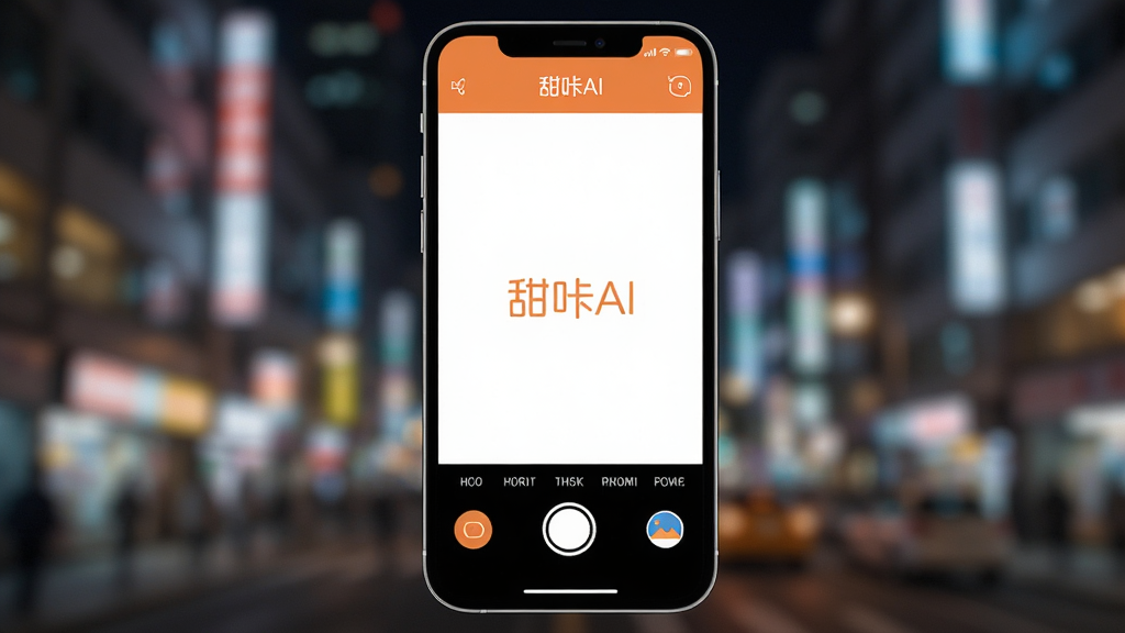 一张手机屏幕展示界面,画面中央是“甜咔AI”的相机拍摄界面,背景是虚化的城市夜景,界面底部有拍照按钮和相册入口,整体配色清爽,橙白为主色调,风格现代简洁,画质清晰,干净无多余元素