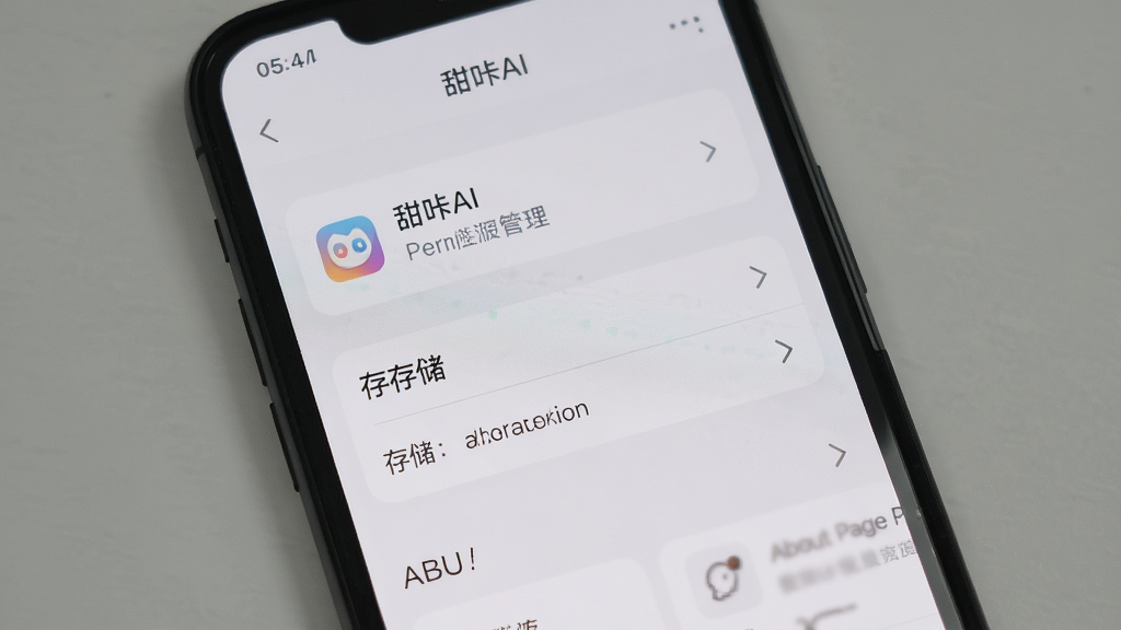 一张手机屏幕展示“甜咔AI”的设置界面,画面中显示权限管理、存储选项和关于页面,界面简洁,选项文字清晰,背景为浅灰色,风格干净,画质清晰,无多余元素