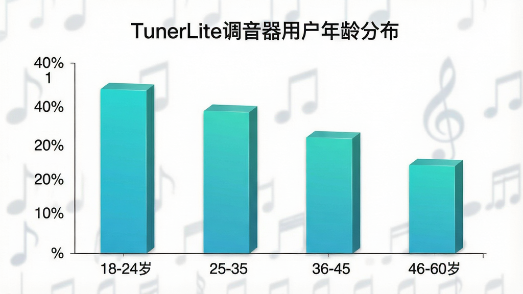 一张展示TunerLite调音器用户年龄分布的柱状图,画面中央是一个简洁的柱状图,横轴标注年龄段18-24岁、25-35岁、36-45岁、46-60岁,纵轴标注用户占比百分比,柱体颜色为青绿色渐变,图表标题为