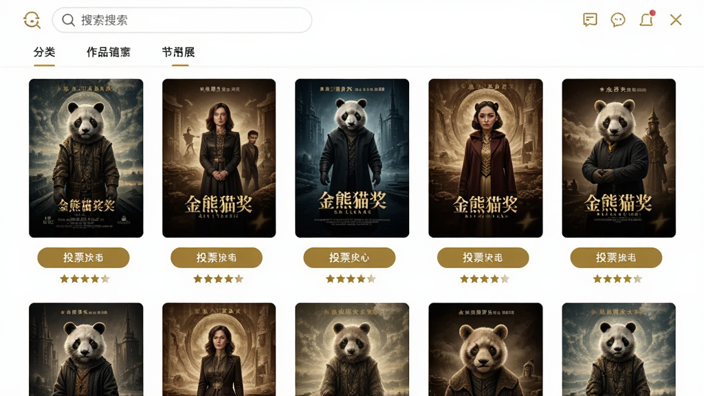 金熊猫奖应用内的作品展示页面截图,画面中整齐排列着多部影视作品的海报,每张海报下方有投票按钮和评分星级,顶部有搜索栏和分类标签,整体布局清晰,风格简洁大方,以白色和金色为主色调,画质干净无多余元素