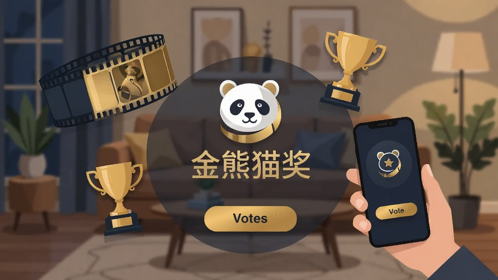 一张展示金熊猫奖移动端应用主界面的图片,画面中央是金熊猫奖的官方Logo和名称,周围环绕着电影胶片、奖杯、投票按钮等元素,背景是温馨的客厅场景,有人拿着手机正在浏览,整体风格现代扁平化,色彩以金色和深蓝色为主,画质清晰干净,无多余元素