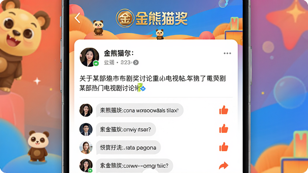 金熊猫奖应用内的社区互动界面,画面展示用户正在发布一条关于某部热门电视剧的讨论帖,帖子下方有多个用户评论和点赞图标,界面顶部有金熊猫奖的Logo,整体风格社交化,色彩明快,布局清晰,画质干净