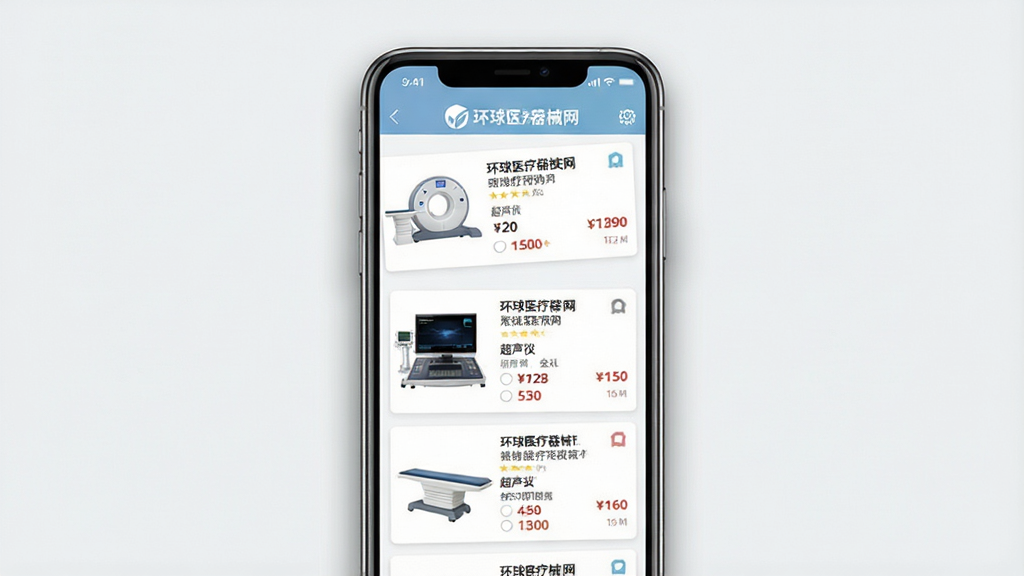 一张展示“环球医疗器械网”手机应用界面的图片,主体是一部竖屏智能手机,屏幕内显示医疗设备采购列表,包含CT机、超声仪等产品缩略图与价格信息,布局采用信息流卡片式设计,排版清晰,风格为现代商务扁平化,细节上手机边缘有轻微阴影,背景为干净的浅灰色,画质高清,无多余元素。
