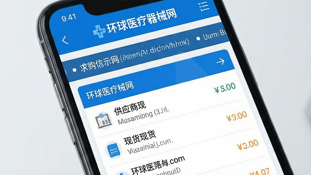 生图提示词:一张展示“环球医疗器械网”应用内供需信息流的图片,主体是手机屏幕特写,布局分为上下结构,上半部分是求购信息滚动条,下半部分是供应商现货列表,排版整齐,风格为科技蓝白配色,细节处有“环球医疗器械网”文字标识,画质干净,无多余元素。