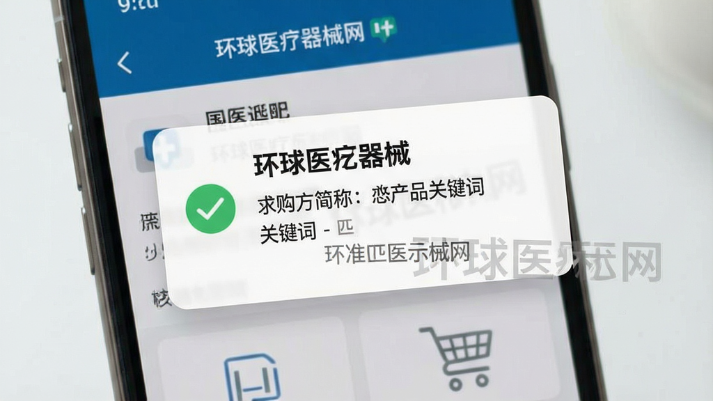 生图提示词:一张展示“环球医疗器械网”精准匹配功能的图片,主体是手机界面弹出匹配成功的通知卡片,布局为悬浮弹窗样式,排版上卡片内包含求购方简称与产品关键词,风格为简洁明快的商务风,细节处有对勾图标和“环球医疗器械网”水印,画质清晰,无多余元素。