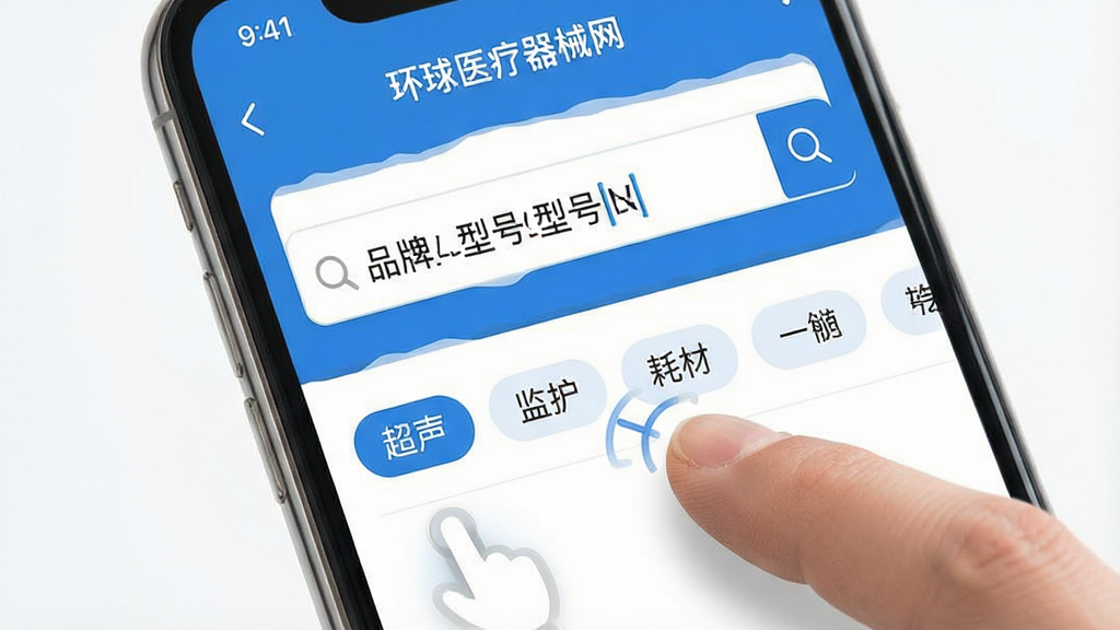 生图提示词:一张展示“环球医疗器械网”手机端操作界面的图片,主体是手机屏幕显示搜索框输入品牌与型号,布局为顶部搜索栏加下方筛选标签,排版上筛选标签有“超声”“监护”“耗材”等分类,风格为清爽的工具类应用风格,细节处有手指点击搜索的示意,画质高清,无多余元素。