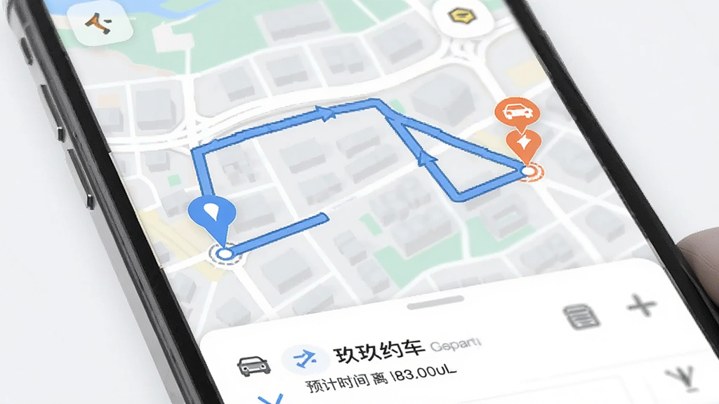 手机屏幕展示玖玖约车App的路线预览界面,地图上用蓝色线条标注行驶路线,起点和终点用图标标记,下方显示预计时间和距离信息,背景是城市街区地图,风格扁平现代,画质清晰干净,界面中显示